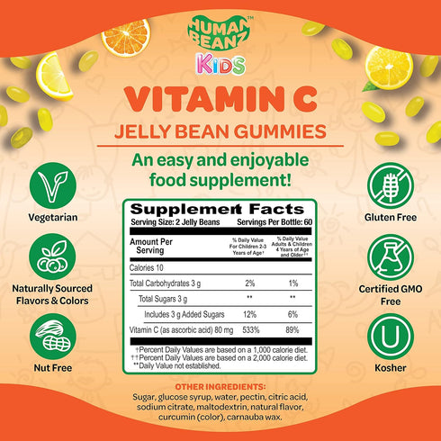 Vitamin C Jelly Bean Gummies for Kids, Immune Support Dietary Supplements, 120 Citrus Blast Jelly Beans, Kosher