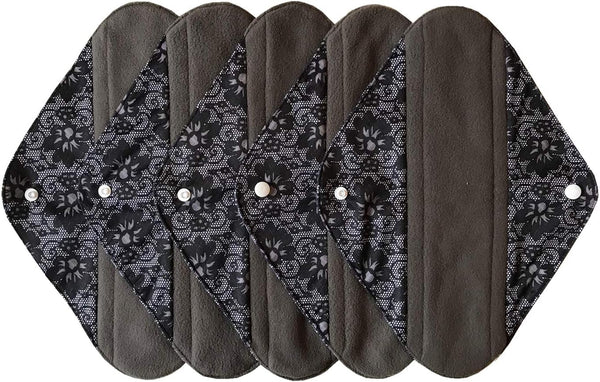 MUMBABY 5 Pieces Charcoal Bamboo Mama Cloth/Menstrual Pads/Reusable Sanitary Pads (Black lace, Heavy