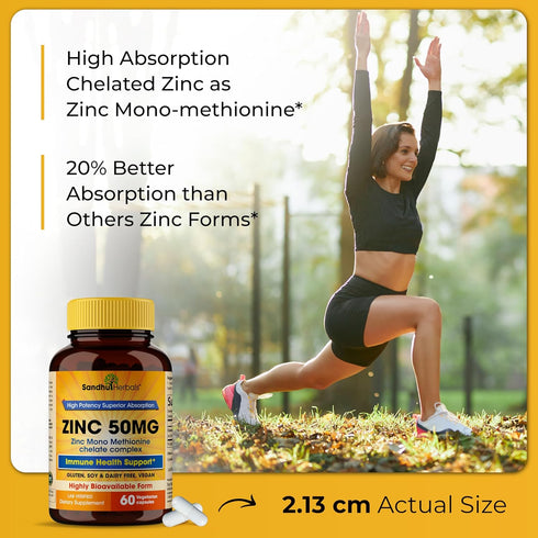Sandhu Herbals Zinc 50mg Supplement for Men & Women | 60 Capsules | High Absorption Zinc Monomethionine
