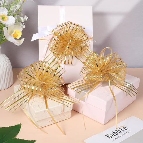 Macuezu 6 6 Inches PCS Gold Pull Bows, Gold Bow for Gift Wrapping, Reusable Organza Glitter Bows for Valentine's Day