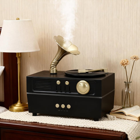 Retro Aromatherapy Humidifier, Unique USB Bluetooth Gramophone Style Vintage Oil Diffuser Cool Mist Machine for Home