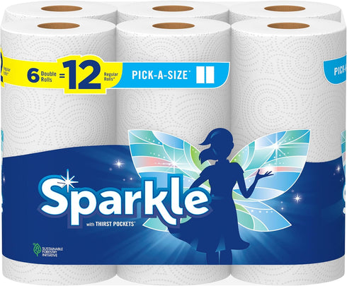 Sparkle Pick-A-Size Paper Towels, 6 Double Rolls = 12 Regular Rolls, Everyday Value with Full and Half Sheets