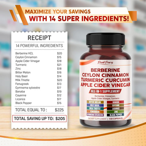 Overall Wellness Support with Berberine 8000mg, Cinnamon 6000mg, Apple Cider Vinegar 3000mg, Turmeric 3000mg