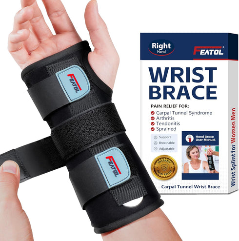 FEATOL Wrist Brace Hand Brace - Carpal Tunnel Night Support for Women & Men, Right Hand, Small/Medium