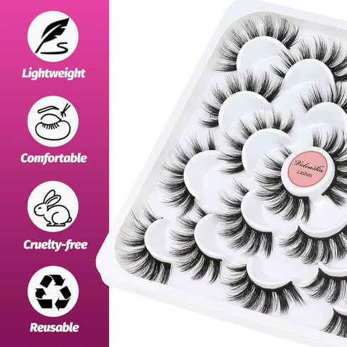 Veleasha 10 Pairs Natural Fluffy False Eyelashes - Soft Wispy 3D Faux Mink Lashes Pack (V07)