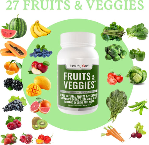 Healthy One Fruit and Veggies Supplement - 60 Veggie Fruit Capsules, 27 Superfood Vitamins for Immune Support