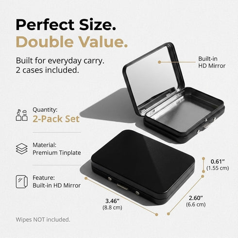 LIGHUFEIC 2 Pack Travel Lens Wipes Storage Case with Mirror- Portable Tin Box with Hinge Lids for Car, Bag,Lens
