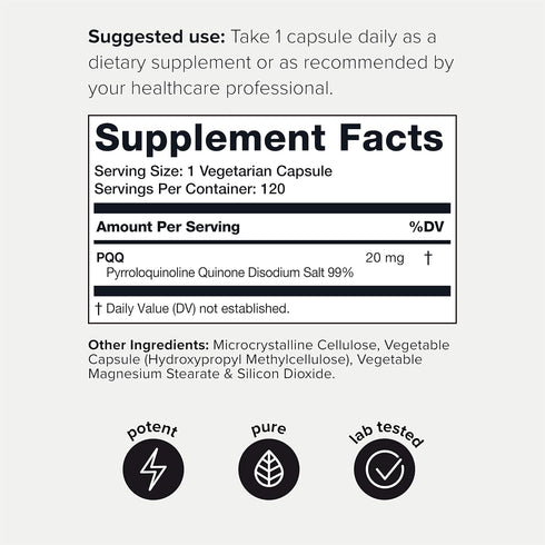 Toniiq 99%+ 20mg Supplement - Ultra High Purity PQQ 20mg Concentrated Formula, 120 Vegetarian Capsules