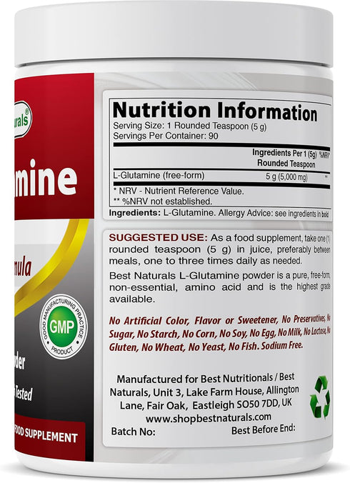 Best Naturals L-Glutamine Powder - 1 Pound, 100% Pure and Free Form, Clinically Proven Recovery Aid