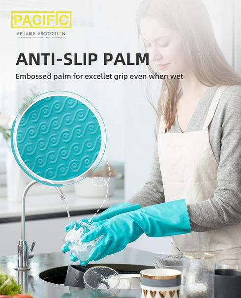 PACIFIC PPE Reusable Dishwashing Rubber Gloves, Kitchen Gloves with Flocked Cotton Liner, Latex Free, Green, Medium