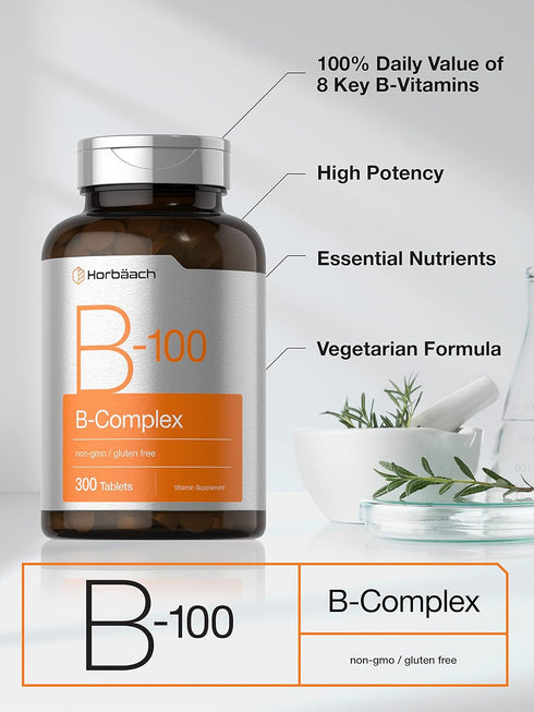 Horbaach Vitamin B-100 Complex, 300 Tablets, 100% of Daily Value, Vegetarian, Non-GMO, Gluten Free Supplement