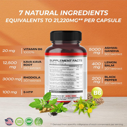 Kava Kava Capsules Supplement - 21,220MG Formula Enriched with Ashwagandha, 5-HTP, Rhodiola, Lemon Balm, Support Mood,
