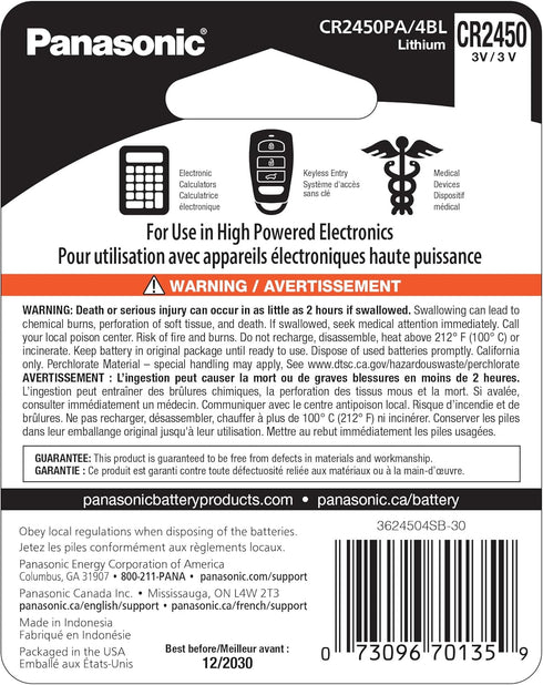 Panasonic CR2450 3.0 Volt Long Lasting Lithium Coin Cell Batteries in Child Resistant, Standards Based Packaging, 4-Battery Pack