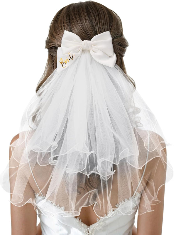 SWEETV Bridal Hair Bow Veil: White Bow Clip Pearl Accessories for Bachelorette Party and Bridal Shower Gift