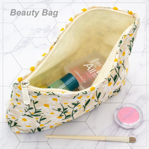 PAZIMIIK Makeup Bags for Purse - Large Zipper Cosmetic Pouch, Travel Canvas Organizer Tool for Women and Girls (Daisy