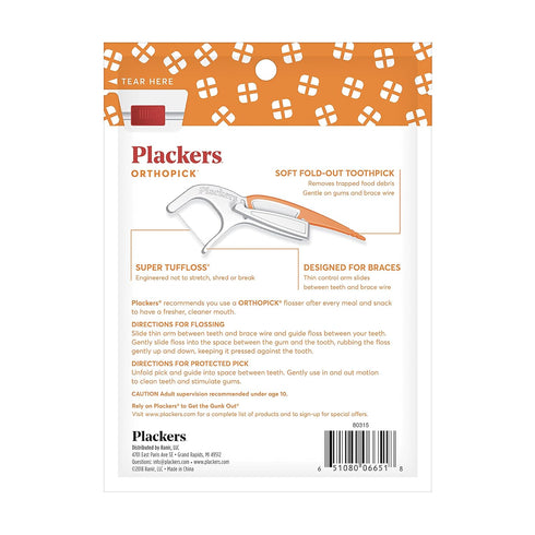 Plackers Orthopick Floss Picks, Unflavored, 36 Count - Designed for Braces, Easy Storage with Sure-Zip Seal