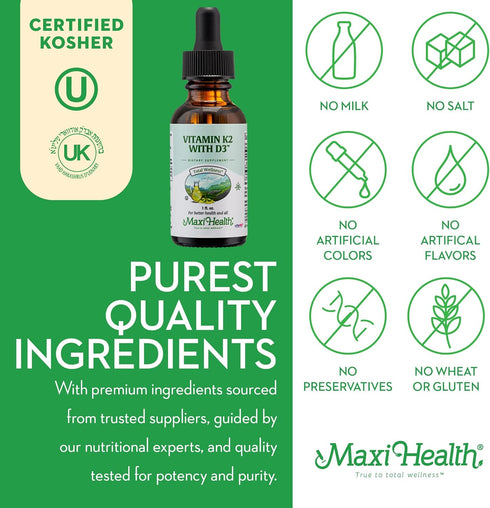 Maxi Health Liquid Vitamin D3 with K2 Drops, 1 fl oz Vitamin Supplement for Long-Term Health