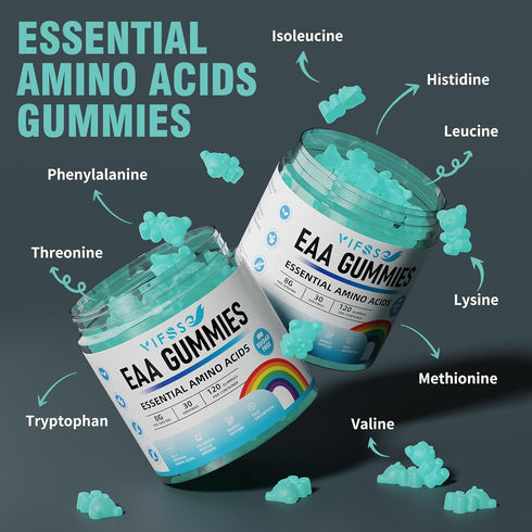EAA Gummies 120 Gummies (Blue Raspberry), 8000 mg Essential Amino Acids - All 9 Essential Aminos (EAA) and all Branched-Chain Aminos (BCAAs), Non-GMO, Gluten Free, Vegetarian Friendly