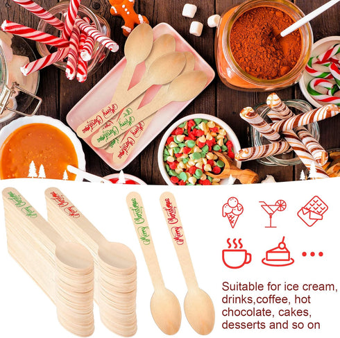 100 Pack Christmas Disposable Wooden Spoons, Merry Christmas Pattern for Cake, Hot Chocolate, Ice Cream