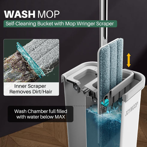 Set, 3 JOYMOOP Mop and Bucket with Wringer Hands Free Flat Floor Mop and Bucket, with Washable Microfiber Pads, Wet