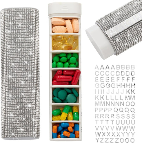 Veseek Pill Case for Purse Bling 7-Day Pill Organizer Weekly Compact Medicine Containers