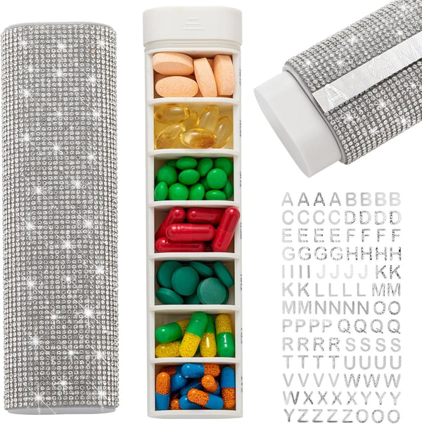 Veseek Pill Case for Purse Bling 7-Day Pill Organizer Weekly Compact Medicine Containers