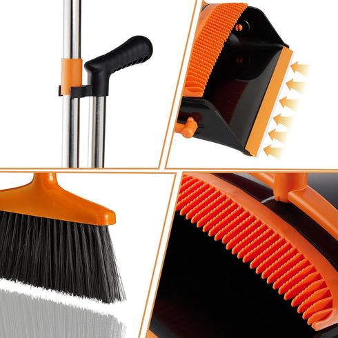 Broom and Dustpan Set, Lightweight Upright Lobby Broom and Dust Pan Combo for Home Kitchen Office (Orange and Black)