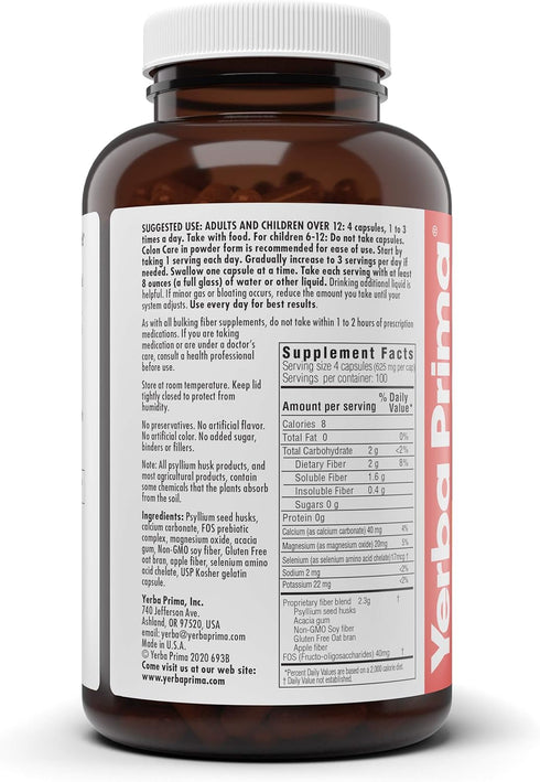 Yerba Prima Prebiotic Colon Care Capsules, 400 Caps, Five Forms of Fiber Plus FOS for Digestive Support