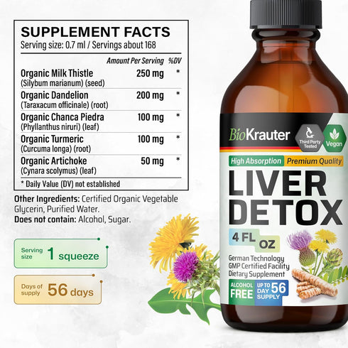 BIO KRAUTER Liver Detox Liquid - Milk Thistle, Chanca Piedra, Turmeric, Dandelion, Artichoke - Vegan Drops 4 Fl. Oz.