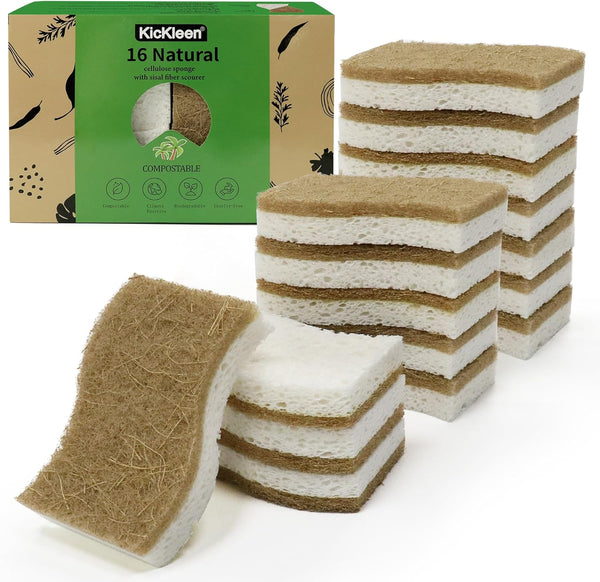 16 Pack Biodegradable Natural Kitchen Sponge, Compostable Cellulose and Coconut Walnut Scrubber Sponge, Eco Friendly