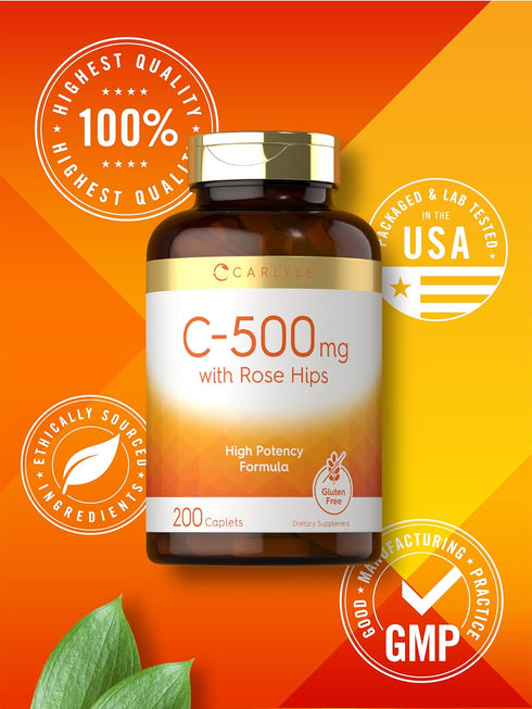 Carlyle Vitamin C with Rose Hips 500mg - 200 Caplets, High Potency, Vegetarian & Gluten Free.