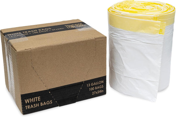 13 Gallon Heavy Duty Trash Bags, 100 Count, White Unscented Tall Drawstring Kitchen Garbage Bags