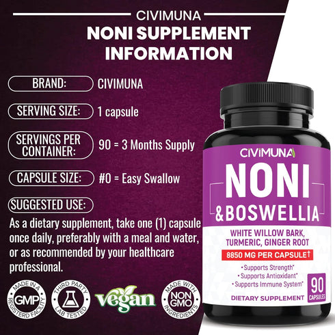 Noni Capsules 8850mg - Noni, Boswellia, White Willow Bark - 3 Months Supply