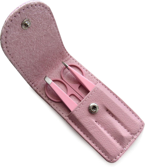 Precision Stainless Steel Eyebrow Tweezers Set, Pointed and Slanted Tip, Curved Brow Scissors, Pink Travel Case