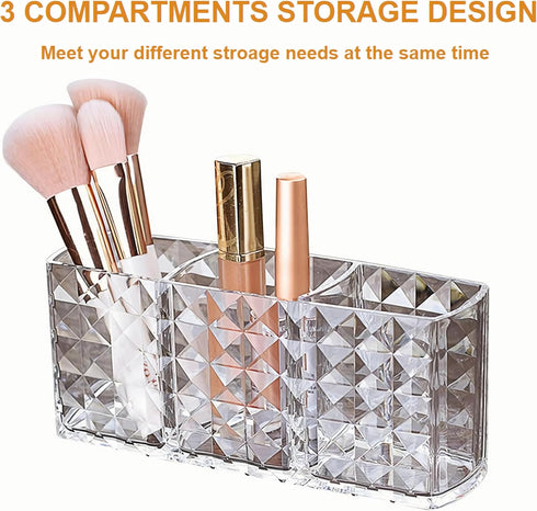 KNC 3 Compartment Acrylic Cosmetic Brushes Storage, Makeup Brush Holder Organizer for Bathroom Vanity and More