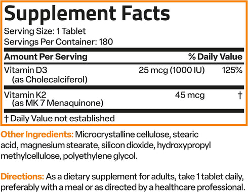 K2 (MK7) D3 45mcg K2 1000 D3 2 1 180 Bronson Vitamin with Lower Dose Vitamin & IU Vitamin Easy to Swallow Daily
