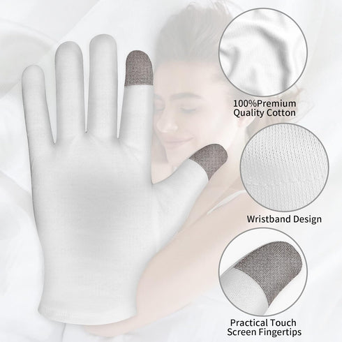 Sibba 2 Pairs White Cotton Touch Screen Moisturizing Gloves for Overnight Bedtime Hand Spa Treatment, Heal Eczema