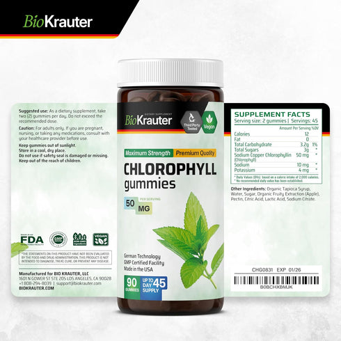 Gummies 90 Gummies, 45 BIO KRAUTER Chlorophyll for Body Odor & Detox Support - Vegan Chlorophyll Supplements for Women