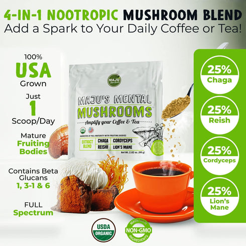 Immune MAJU's Mental Mushroom Powder Extract, Strong Lions Mane, Chaga, Reishi, Cordyceps, Fruiting Bodies for Coffee
