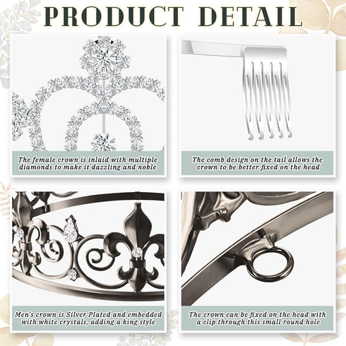 King Crown 2 Pcs Royal Metal Crystal Tiara Crown for Men, Women, Bridegroom, Bride, Princess for Weddings