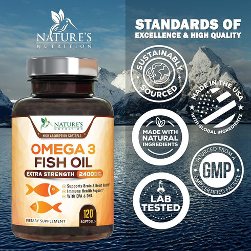 Omega 3 Fish Oil - 2400 mg, Triple Strength Omega3, EPA & DHA Fatty Acids, Natural Support for Immune, Heart & Brain