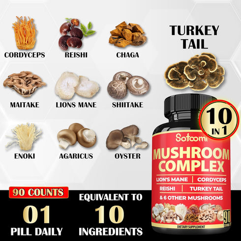 Satoomi 90 Capsules - 10in1 Turkey Tail Supplement with Lions Mane, Reishi Mushroom & Others for 90 Days