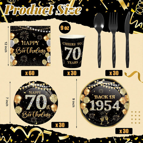 240 Pcs 70th Birthday Decorations Birthday Party Tableware Include Birthday Plates and Napkins 9oz Cups Cutlery Black Gold Birthday Party Supplies Dinnerware Serve 30 Guests for Men Women