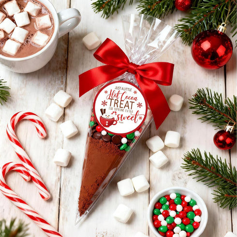 YIXAXKAO 50 Set Hot Chocolate Bar Accessories Cone Cellophane Bag Chocolate Marshmallow Bags with Hot Cocoa Label