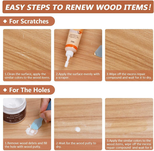 Natural Oak Wood Furniture Repair Kit - 6 Colors Wood Filler with Wood Putty, Polish Wax for Tables, Doors, Floors,