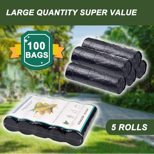 PeakPick 13 100 Count (23 29) Home Compostable Trash Bags Gallon, Tall Kitchen Garbage Bags x Black, Extra Strong Food