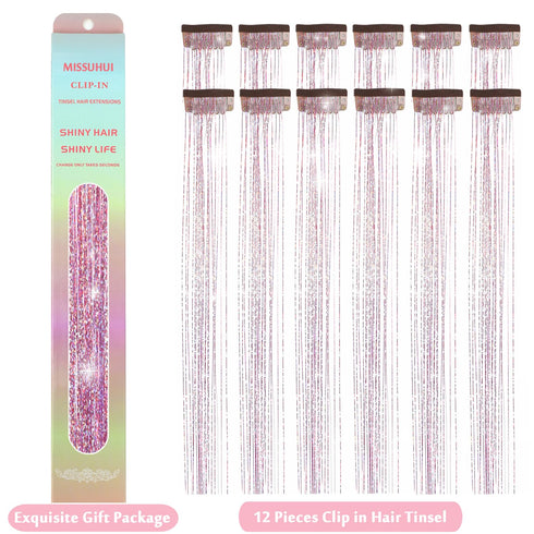 12Pcs Hair Tinsel Clip in 23.6Inch Clip in Hair Tinsel Pink Glitter Tinsel Hair Extensions Heat Resistant Tinsel Hair Kit Clip in Sparkling Fairy Hair Accessories for Girls Women Kids (Pink)