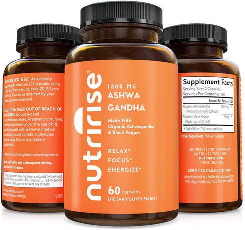 NutriRise Organic Ashwagandha Root Capsules with Black Pepper, 1300mg, Natural Stress & Mood, Thyroid & Immune Support Supplement, Clarity, Focus & Energy, Gluten Free, 60 Count