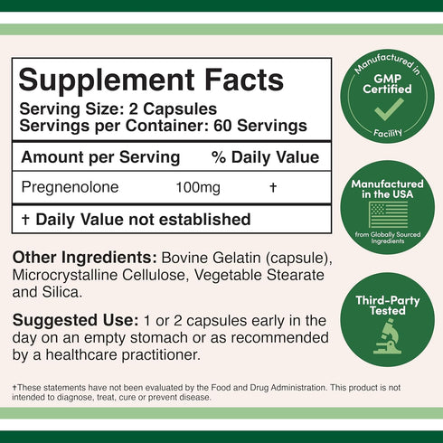 Pregnenolone 100mg per Serving - Boost Progesterone Levels, Third Party Tested, 120 Capsules Non-GMO
