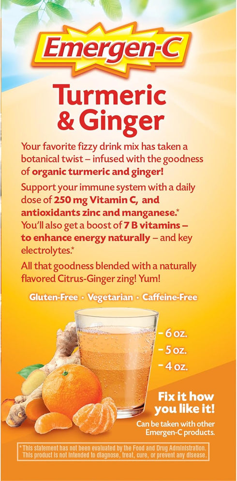 Emergen-C Citrus-Ginger Fizzy Drink Mix, Immune Support with Turmeric and Ginger, 18 Count, High Potency Vitamin C